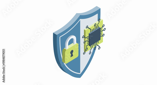 Isometric Cybersecurity Illustration: Shield with Padlock and Microchip for Data Protection