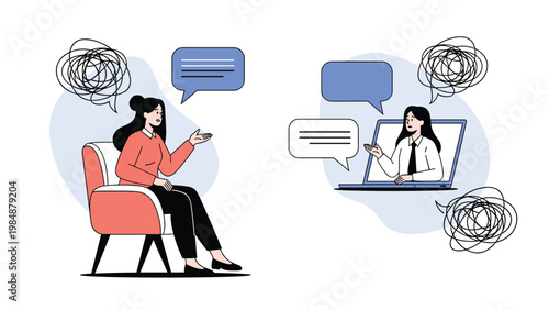 Online therapy session featuring a woman talking to a therapist on a laptop screen for mental health support and psychological counseling.