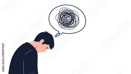 Depressed man sitting with his head down and a tangled scribble in a thought bubble representing mental health struggles and confusion.