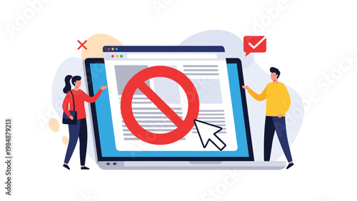 Red prohibition sign over a web page layout on a laptop screen representing restricted internet access, website blocking, or censorship.