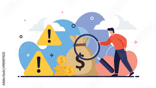 Man using a magnifying glass to inspect a bag of money near warning signs representing financial audit and risk assessment.
