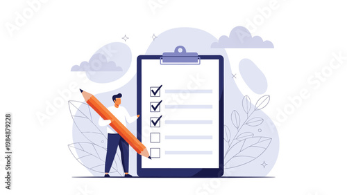 Young businessman with a giant pencil standing next to a large clipboard with a completed checklist of tasks.