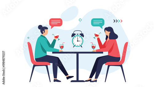 Two women having drinks and chatting at a restaurant table with a large alarm clock representing a scheduled social meeting.