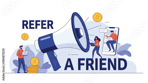 Promotional concept featuring a large megaphone with refer a friend text and people using laptops to earn coins.
