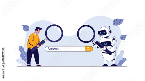 Human person and a modern robot using magnifying glasses to investigate a search bar in a collaborative digital hunt.