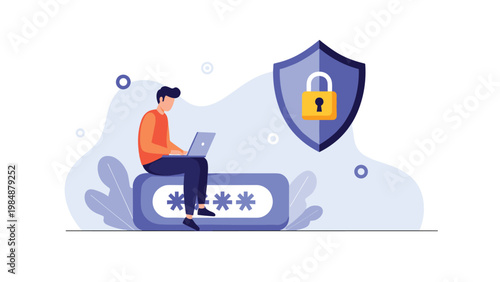 Cybersecurity concept with a man sitting on a password field using a laptop next to a secure shield with a padlock.
