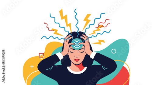 Stressed woman holding her head with lightning bolts and wavy lines representing a headache, migraine, or anxiety.