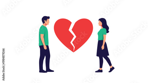 Man and woman standing apart on either side of a large broken red heart symbol representing a breakup or divorce.