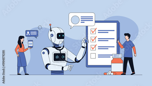Advanced medical robot with a stethoscope analyzing a patient health checklist with people and medicine nearby.
