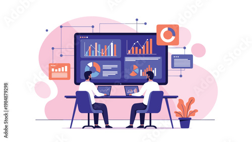 Two male analysts working on laptops in front of a giant dashboard displaying various business data charts and graphs.