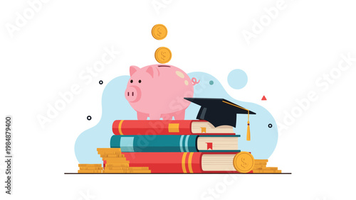 Piggy bank sitting on a stack of school books with a graduation cap and falling coins representing education savings.