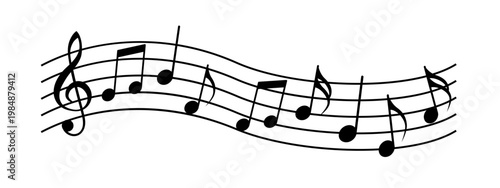 Music notes flow along a curved staff beneath a treble clef. Vector illustration