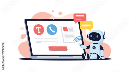 Cute robot assistant sitting next to a laptop screen displaying various communication, text, and voice icons.