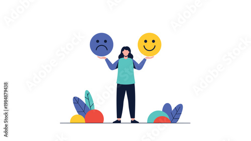 Young woman standing between two floating icons representing sad and happy emotions, showing the balance of mental health or feedback.