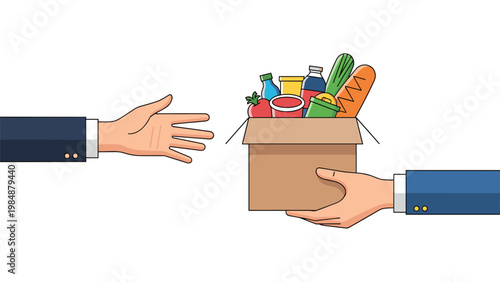 Business person hand reaching out to receive a cardboard box filled with various food items from another person for grocery delivery.