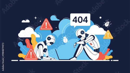 Two robotic characters appearing sad next to a laptop with a 404 error page, surrounded by bug icons and warning signs for system failure.
