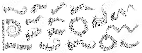 A swirl of notes and treble clefs dances across a white background. Vector illustration