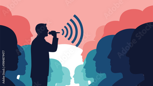 Dark silhouette of a male speaker talking into a microphone toward a diverse crowd, representing public speaking or leadership communication.