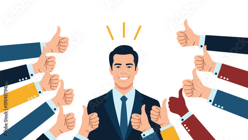 Successful businessman smiling as he is surrounded by numerous hands giving him a thumbs up to show approval, support, and positive feedback.