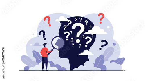Person using a large magnifying glass to inspect a human head silhouette filled with question marks, representing research and curiosity.
