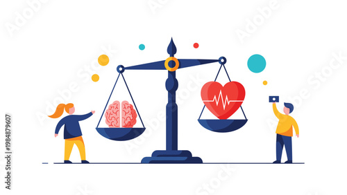 Large scale balancing a human brain and a beating heart with people observing, representing the balance between logic and emotion or work life.