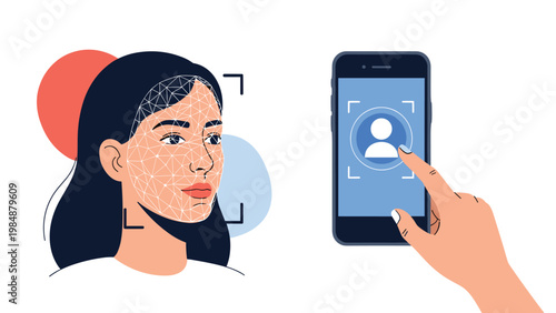 Woman head being scanned for facial recognition next to a smartphone screen with a user icon, illustrating biometric security and identity.