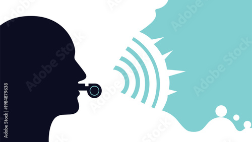 Stylized silhouette of a person blowing a whistle with sound waves emitting from it, symbolizing a call to action or whistleblowing concepts.