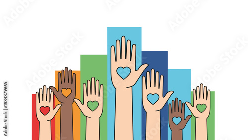 Diverse group of raised hands with hearts against a colorful bar background, representing unity, love, volunteering, and community support.