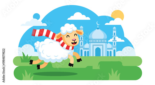 Flat style vector illustration of Eid Al Adha celebration with cute sheep jumping happily in front of mosque, symbolizing sacrifice, joy, and festive Islamic holiday spirit