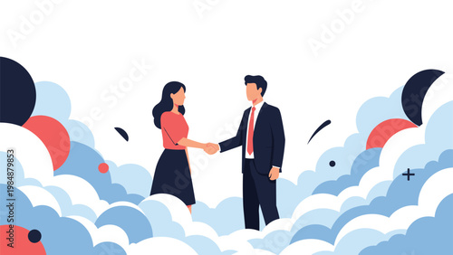 Businessman and businesswoman shaking hands for a deal in front of an abstract cloudy background for professional networking.