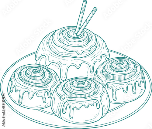 Cinnamon rolls plate with sugar glaze and striped decorative sticks sketch on transparent.
