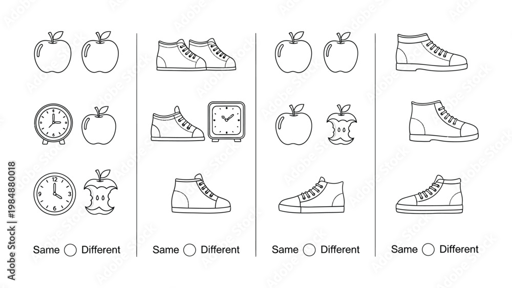 Fototapeta premium Same or Different?: Educational illustration showcasing an array of simple objects, with the aim to solve 'same or different' puzzles