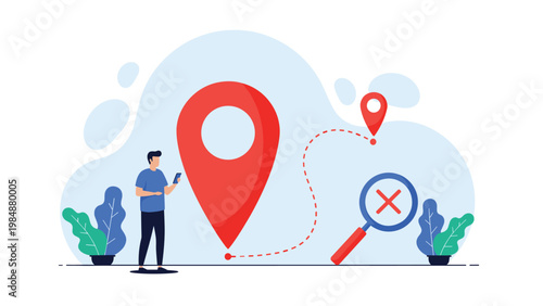 Navigation path connecting two location pins on a map with a magnifying glass showing a cross for search and destination tracking.