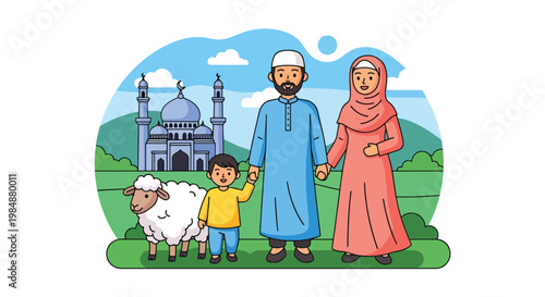 Flat style vector illustration of Eid Al Adha celebration with Muslim family and sheep near mosque, representing sacrifice, faith, unity, and joyful Islamic holiday gathering