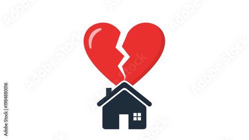 Red broken heart placed over a simple house icon representing domestic issues, divorce, property division, or loss of a family home.