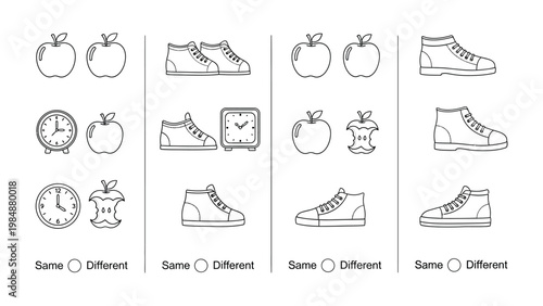 Same or Different?: Educational illustration showcasing an array of simple objects, with the aim to solve 'same or different' puzzles