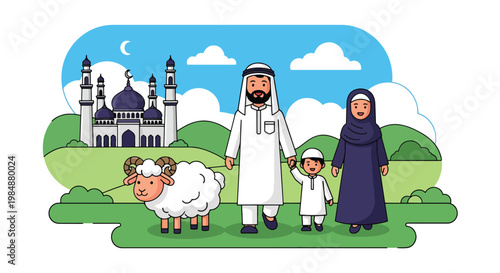 Flat style vector illustration of Eid Al Adha celebration with Muslim family and sheep near mosque, representing sacrifice, faith, unity, and joyful Islamic holiday gathering