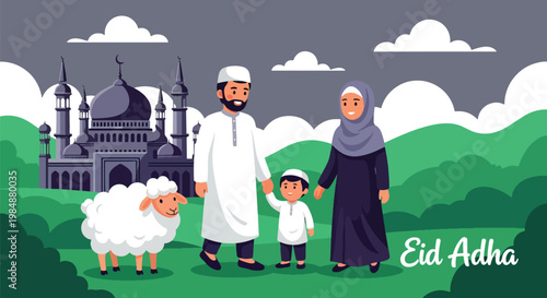Flat style vector illustration of Eid Al Adha celebration with Muslim family and sheep near mosque, representing sacrifice, faith, unity, and joyful Islamic holiday gathering