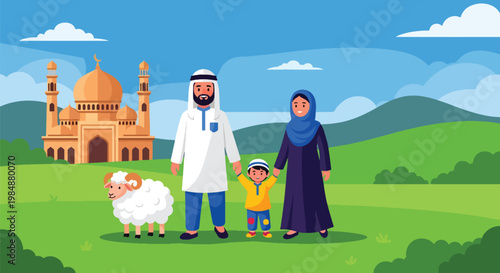 Flat style vector illustration of Eid Al Adha celebration with Muslim family and sheep near mosque, representing sacrifice, faith, unity, and joyful Islamic holiday gathering