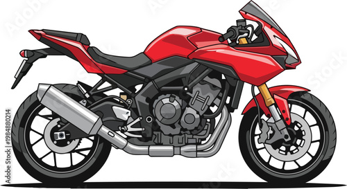 Sleek Red Sportbike Motorcycle Illustration with Chrome Exhaust and Detailed Engine