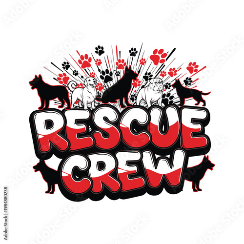 Rescue crew logo with dogs and paw prints on white background design