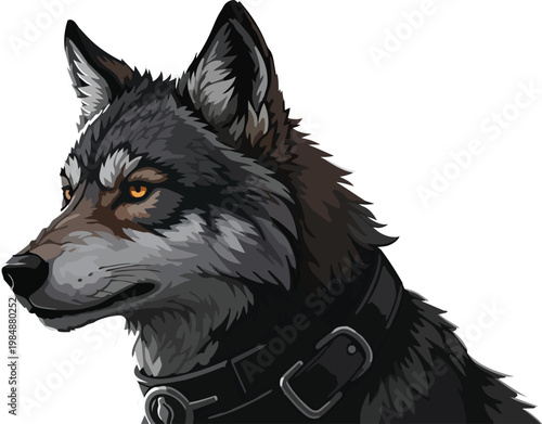 Profile portrait of a fierce wolf with glowing orange eyes and a black collar, rendered in a detailed illustration style, emphasizing its wild nature and captivating gaze