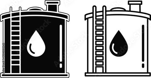 Oil Storage Tanks with Ladder and Oil Drop Icon for Industrial, Energy, and Petrochemical Design Concepts