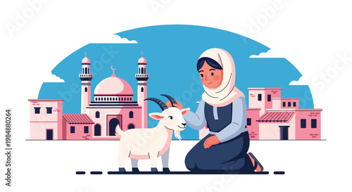 Flat style vector illustration of Eid Al Adha celebration with Muslim woman caring goat near mosque village, representing compassion, sacrifice, and meaningful Islamic tradition