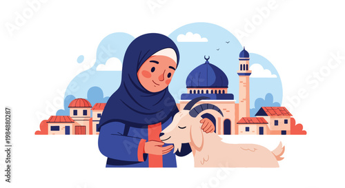 Flat style vector illustration of Eid Al Adha celebration with Muslim woman caring goat near mosque village, representing compassion, sacrifice, and meaningful Islamic tradition