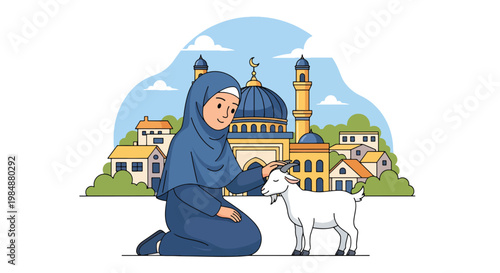 Flat style vector illustration of Eid Al Adha celebration with Muslim woman caring goat near mosque village, representing compassion, sacrifice, and meaningful Islamic tradition