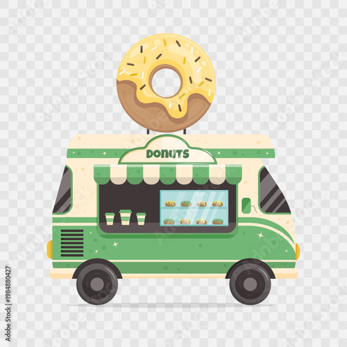 Cute green food track with donuts isolated on transparent background. Fast food on on wheels concept. Street cafe.Catering car. Green and white van with donut. Cartoon flat style. Vector illustration.
