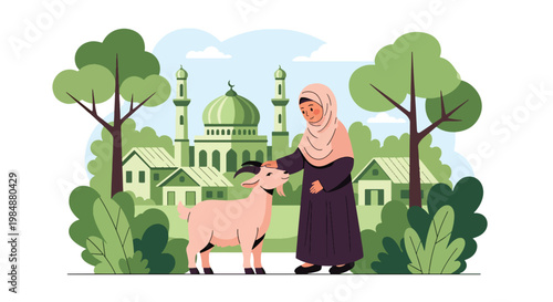 Flat style vector illustration of Eid Al Adha celebration with Muslim woman caring goat near mosque village, representing compassion, sacrifice, and meaningful Islamic tradition