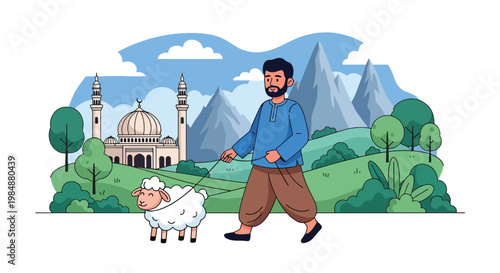 Flat style vector illustration of Eid Al Adha celebration with Muslim man walking sheep in nature, symbolizing qurban preparation, faith, and peaceful Islamic holiday atmosphere