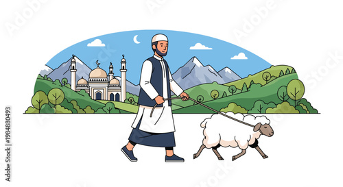 Flat style vector illustration of Eid Al Adha celebration with Muslim man walking sheep in nature, symbolizing qurban preparation, faith, and peaceful Islamic holiday atmosphere
